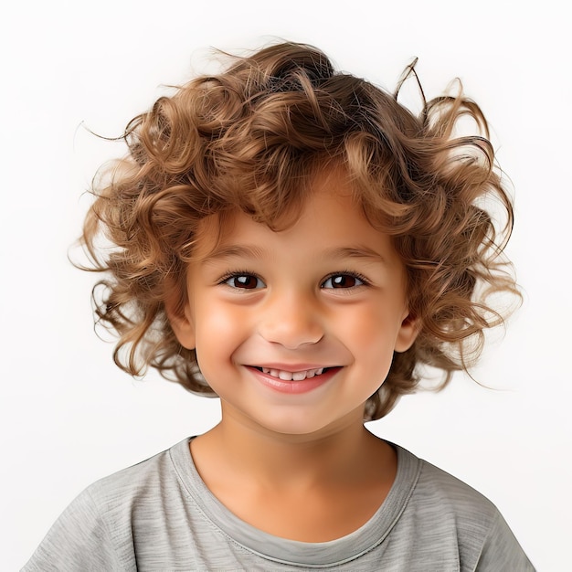 un niño pequeño con pelo rizado y una camisa gris