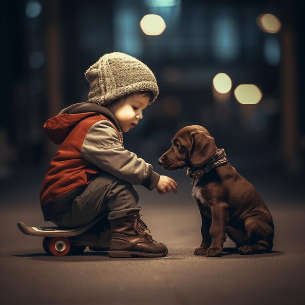 un niño pequeño con un perro en una patineta y un perro con una correa.