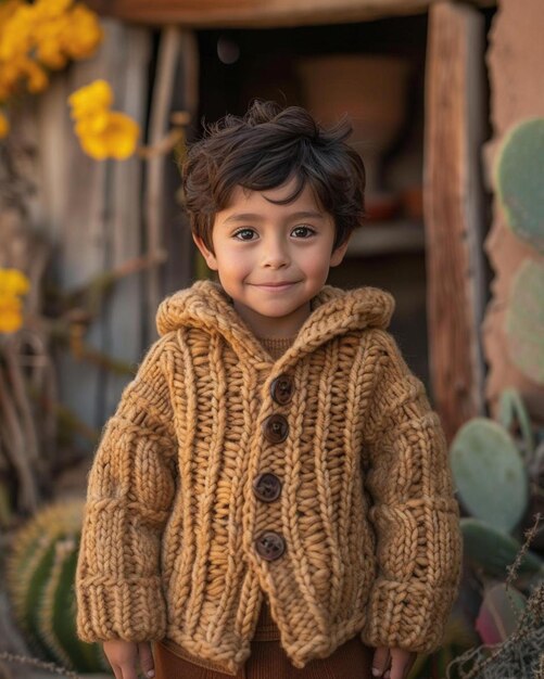 un niño pequeño de pie frente a una planta de cactus