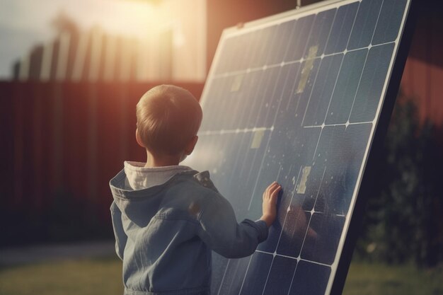 Niño pequeño de pie junto al panel solar con fondo verde Bokeh y rayos solares