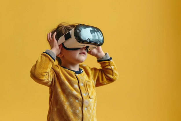 Foto un niño pequeño con un pijama amarillo está inmerso en una experiencia de realidad virtual con un auricular esta imagen se puede usar para ilustrar el concepto de juego tecnológico o realidad virtual