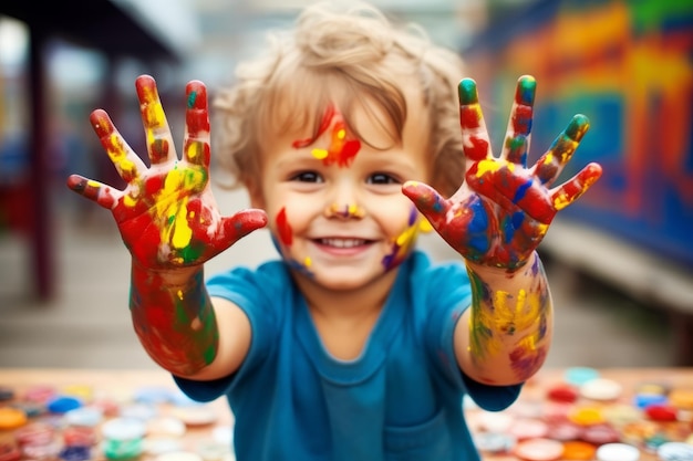 Niño pequeño con pinturas coloridas en las manos