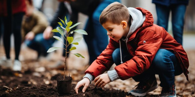 Foto un niño pequeño planta suavemente una plántula en el suelo capturando un momento de crecimiento y aprendizaje en la naturaleza