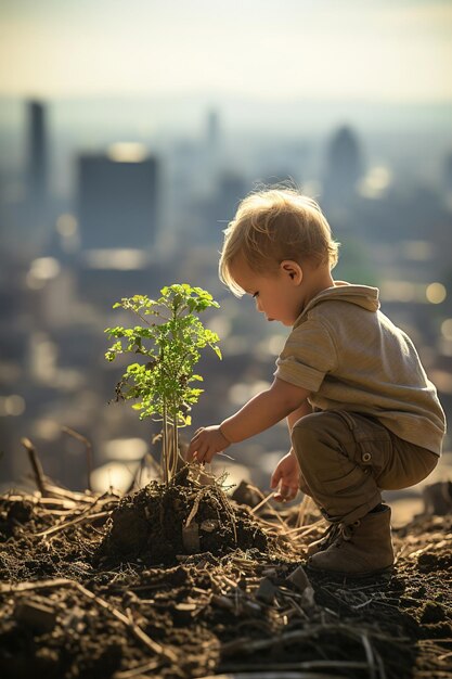 Un niño pequeño plantando en la tierra un pequeño árbol pequeño grandes edificios contemporáneos de la ciudad