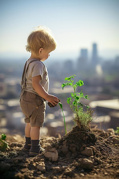 Un niño pequeño plantando en la tierra un pequeño árbol pequeño grandes edificios contemporáneos de la ciudad