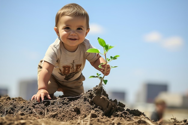 Un niño pequeño plantando en la tierra un pequeño árbol pequeño