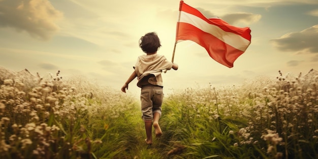 Niño pequeño en el prado corriendo con la bandera nacional de Austria
