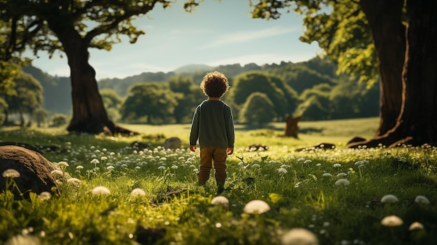 Niño pequeño que camina en un prado en un ai soleado daygenerative