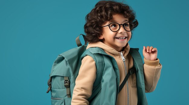 un niño pequeño que llevaba una mochila sonrió feliz