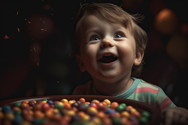 Un niño pequeño riendo con un cuenco de caramelos