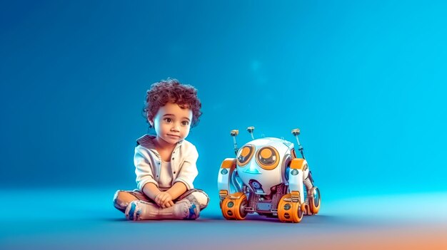 Niño pequeño y robot el concepto de una nueva generación de niños que crecen con tecnologías modernas aprendiendo de un banner robot hecho con IA generativa