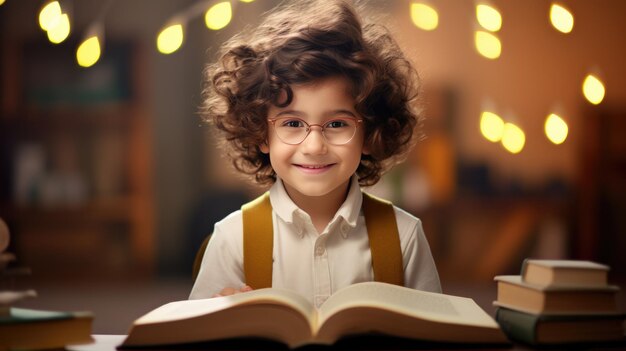 Un niño pequeño rodeado de libros se sienta frente a un libro abierto y sonríe Creado con tecnología de IA generativa