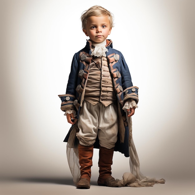 Niño pequeño en ropa nacional francesa vintage retro retrato en primer plano en blanco
