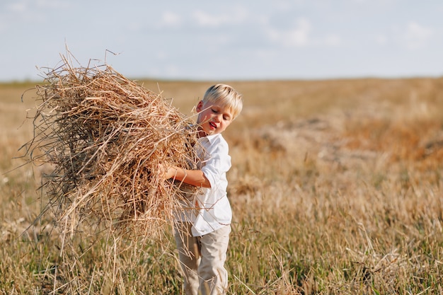 Niño pequeño rubio que juega el heno en el campo. verano, clima soleado, agricultura.