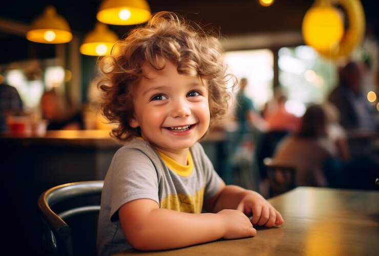 un niño pequeño sentado en un café sonriendo