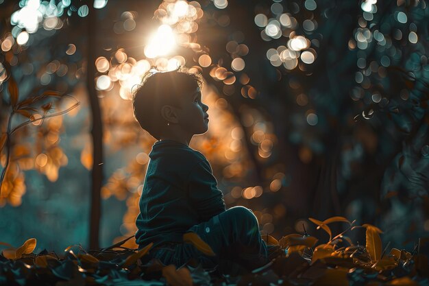 Un niño pequeño sentado en el medio de un bosque
