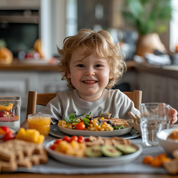 Un niño pequeño sentado en una mesa con un plato de comida delante de él y un vaso de agua