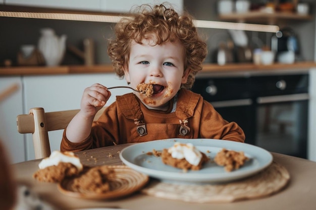 un niño pequeño sentado en una mesa con un plato de comida