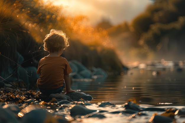 Un niño pequeño sentado en una roca junto a un cuerpo de agua