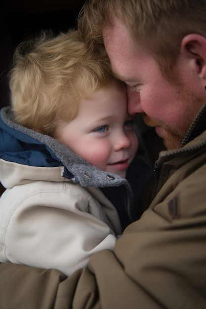 Un niño pequeño siendo abrazado por su padre creado con ai generativo