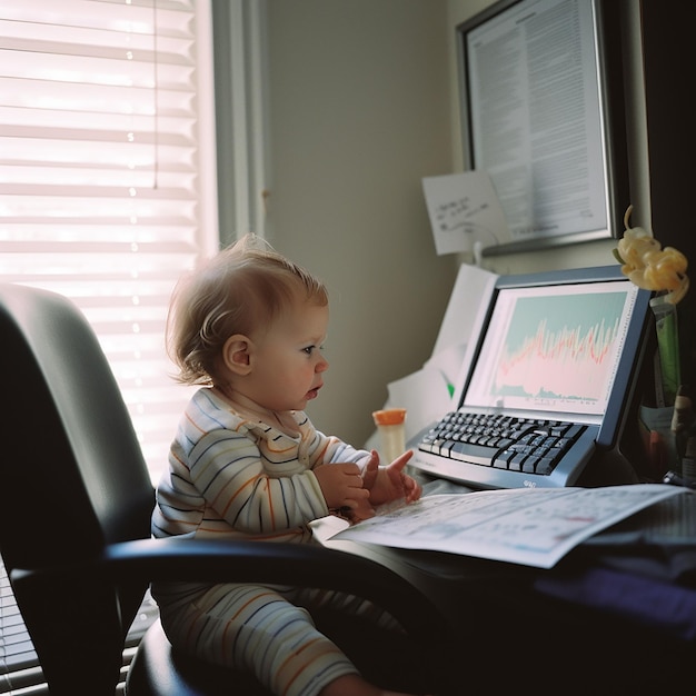 Niño pequeño se sienta frente a una computadora portátil abierta y mira las listas de acciones de criptomoneda