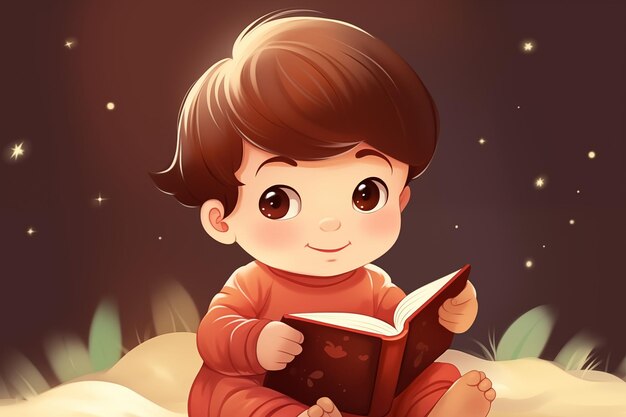Un niño pequeño se sienta leyendo un libro un niño alegre sosteniendo un libro en los ríos generan Ai