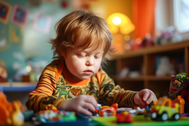 Un niño pequeño con síndrome de Down juega con juguetes mientras está sentado en la mesa