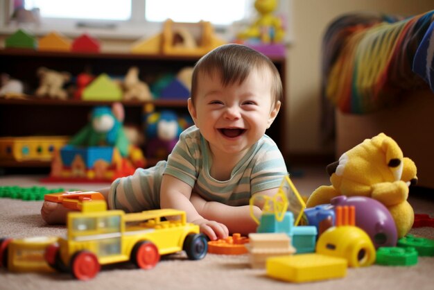 Foto un niño pequeño con síndrome de down juega con juguetes mientras está sentado en la mesa