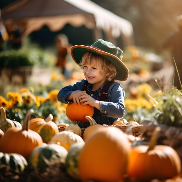 el niño pequeño smiing está ayudando y recogiendo calabazas en la granja de la aldea cottagecore Día de Acción de Gracias n