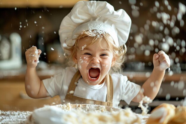 Un niño pequeño con un sombrero de chef está emocionado mientras hornea y hace un lío en la cocina