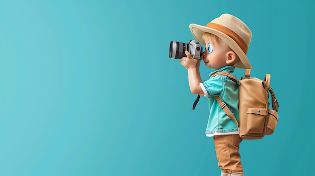 Foto un niño pequeño con un sombrero y una mochila toma una foto con una cámara aislada en fondo azul renderización 3d