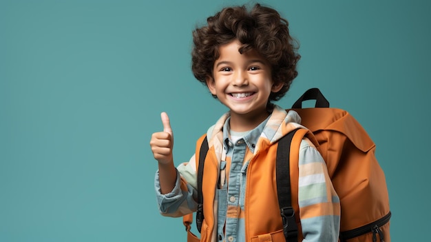 Foto un niño pequeño sonríe con un gesto de mano de acuerdo en un fondo azul