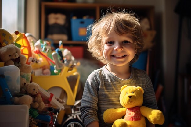 Niño pequeño sonriendo mientras juega en su habitación en casa Generative By Ai