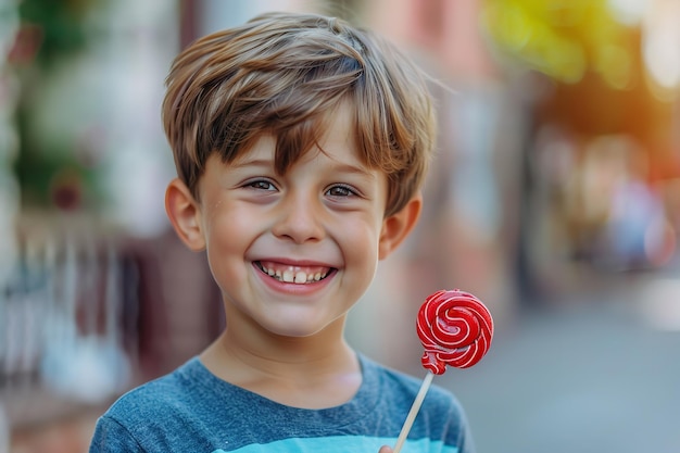 Un niño pequeño sonriendo y sosteniendo una piruleta con un telón de fondo de calle borroso y un gran espacio para texto o producto IA generativa