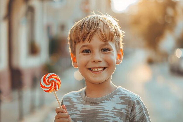 Un niño pequeño sonriendo y sosteniendo una piruleta con un telón de fondo de calle borroso y un gran espacio para texto o producto IA generativa