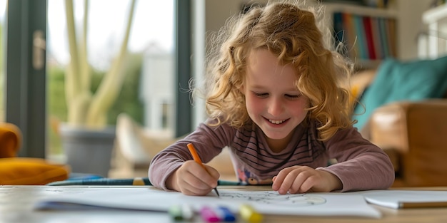 Niño pequeño sonriente absorto en el dibujo en casa actividad creativa inocencia y alegría capturadas perfectas para contenido educativo IA