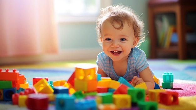 Foto un niño pequeño sonriente jugando con bloques de colores en una alfombra suave bajo la cálida luz del sol rodeado de juguetes