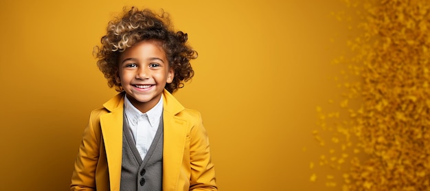 Un niño pequeño con una sonrisa sobre un fondo naranja Copiar espacio