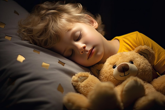 Un niño pequeño con una sonrisa soñadora duerme abrazando a un oso de juguete en una habitación oscura iluminada por una luz acogedora