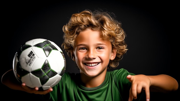 niño pequeño sosteniendo un balón de fútbol con espacio de copia generado por AI