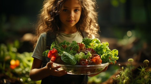 Niño pequeño sosteniendo ensalada comida sana