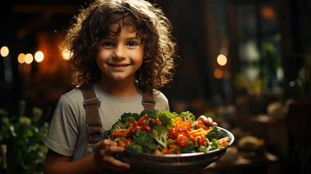 Niño pequeño sosteniendo ensalada comida sana