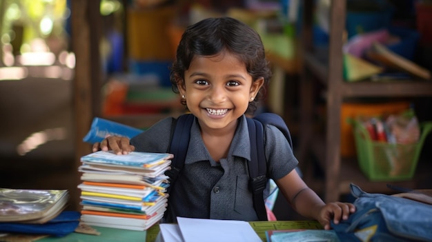 Un niño pequeño sosteniendo un libro y sonriendo rodeado de suministros escolares como lápices y cuadernos