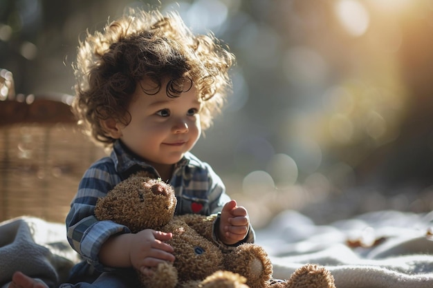 Foto un niño pequeño sosteniendo un oso de peluche en su dormitorio