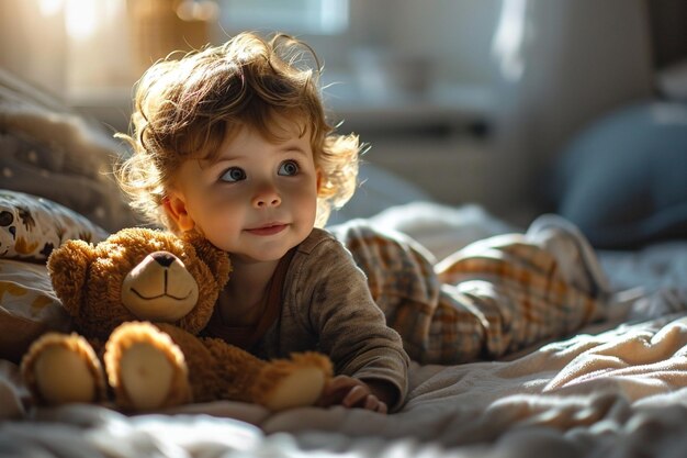 un niño pequeño sosteniendo un oso de peluche en su dormitorio