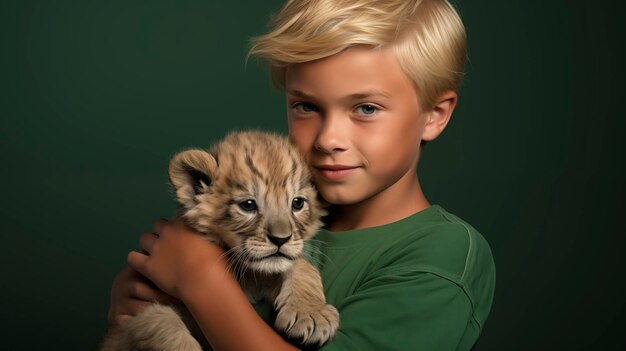 Un niño pequeño sostiene un cachorro de león