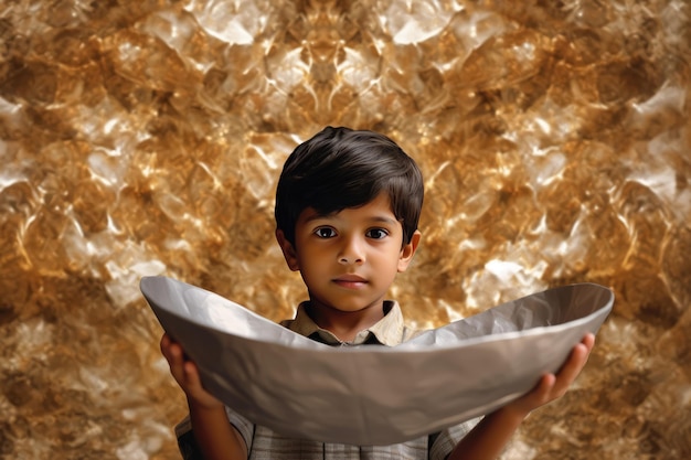 Un niño pequeño sostiene una imagen conceptual de plato grande