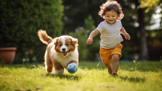 Un niño pequeño y su cachorro comparten un momento de alegría en el patio trasero corriendo y jugando a buscar juntos