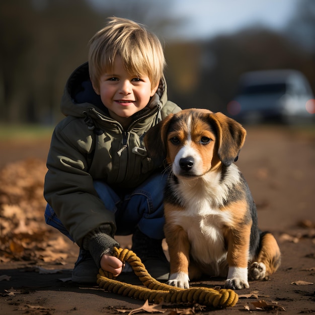 Niño pequeño con su compañero Perro mascota sentado en la fotografía del concepto del día de los animales del parque de verano