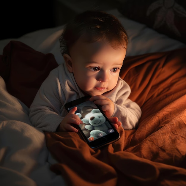 Niño pequeño tendido en la cama con un teléfono inteligente